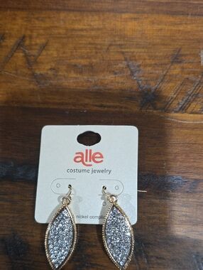 Gold Tone Silver Glitter Marquise Drop Earrings